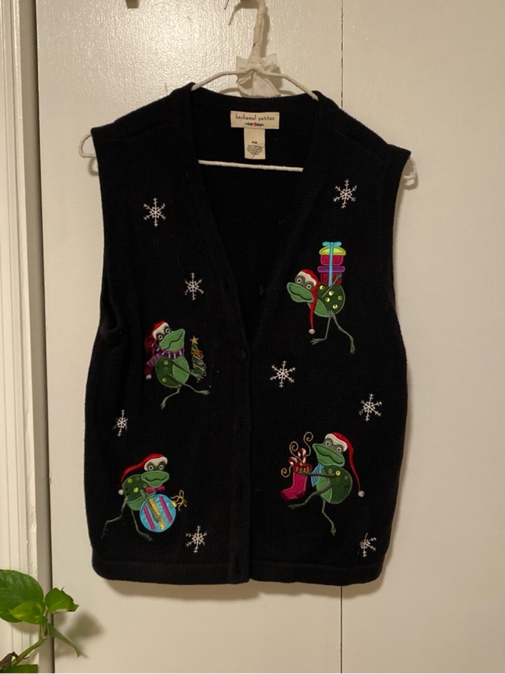 Bechamel Black Holiday Frog Embroidered Button-Down Vest